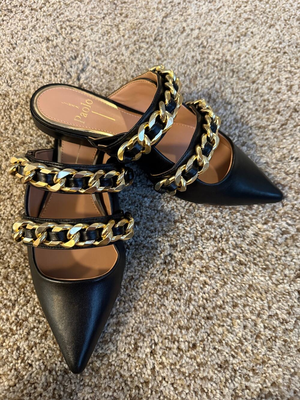 NIB Linea Paolo Aurel Black Napa Leather Mule Slide Chunky Gold Chain 5 Flat